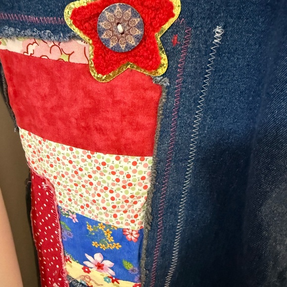 Upcycled  Denim Overalls with Colorful Patch Trim - Picture 7 of 16